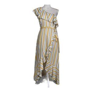Lulus One Shoulder Maxi Dress Medium Yellow Striped Ruffle Boho